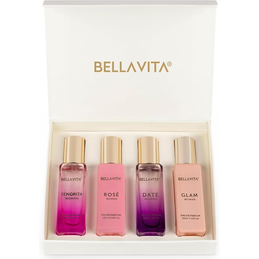Bellavita Luxury Women's Perfume Gift Set with Rose, Senorita, Date, and Glam | 80ml | Perfume for Women | Pink Pepper, Yuzu and Floral Peach | Long Lasting Fragrance