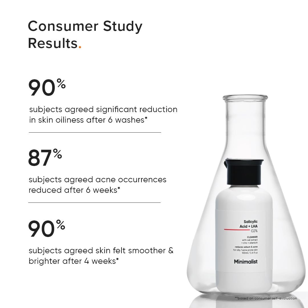 Minimalist Salicylic Acid 2% Face Wash for Oily, Acne Prone Skin | Face Cleanser With LHA & Zinc | Sulphate free Gentle BHA Liquid Exfoliant | For Women & Men | 3.4 Fl Oz / 100 ml - Image 6