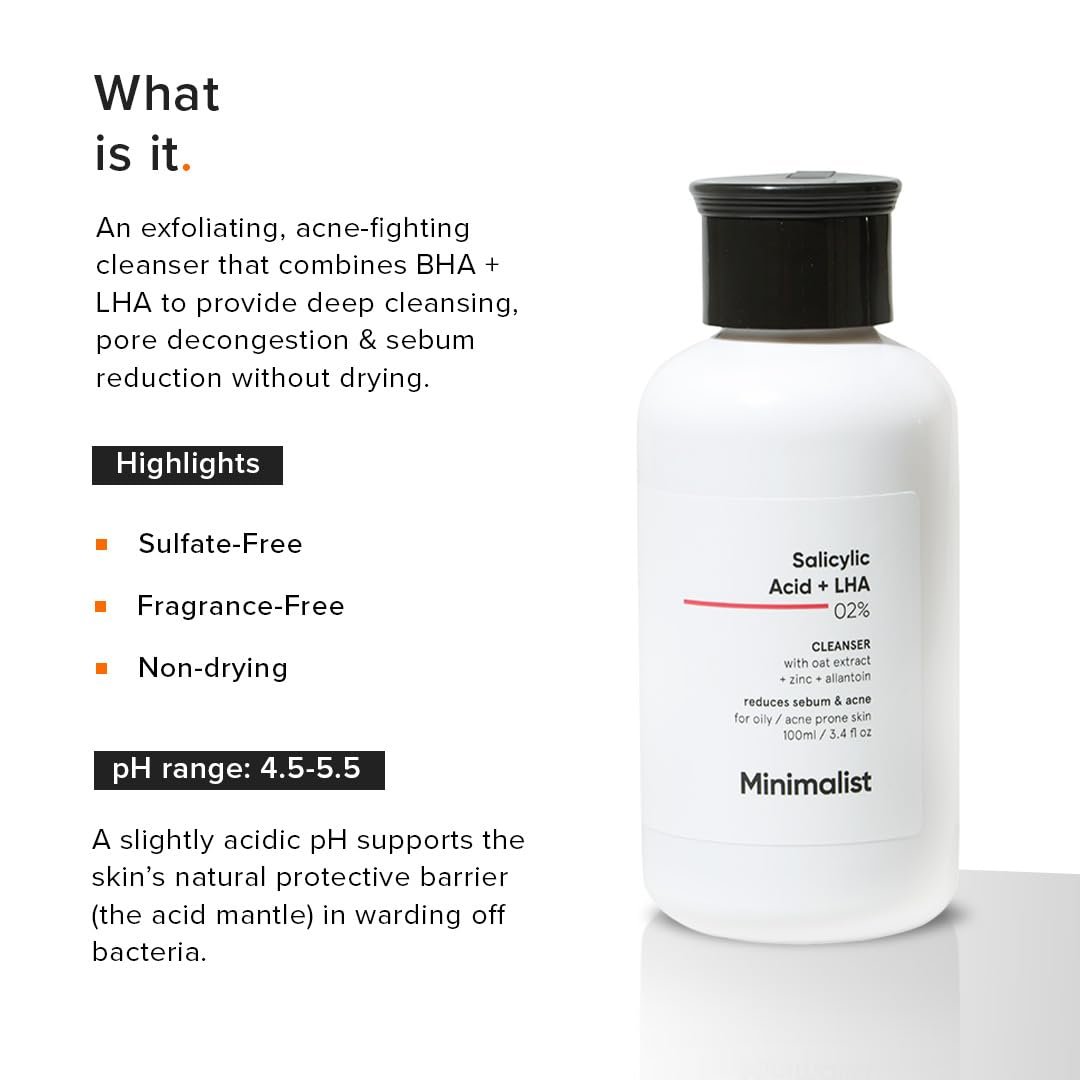 Minimalist Salicylic Acid 2% Face Wash for Oily, Acne Prone Skin | Face Cleanser With LHA & Zinc | Sulphate free Gentle BHA Liquid Exfoliant | For Women & Men | 3.4 Fl Oz / 100 ml - Image 2