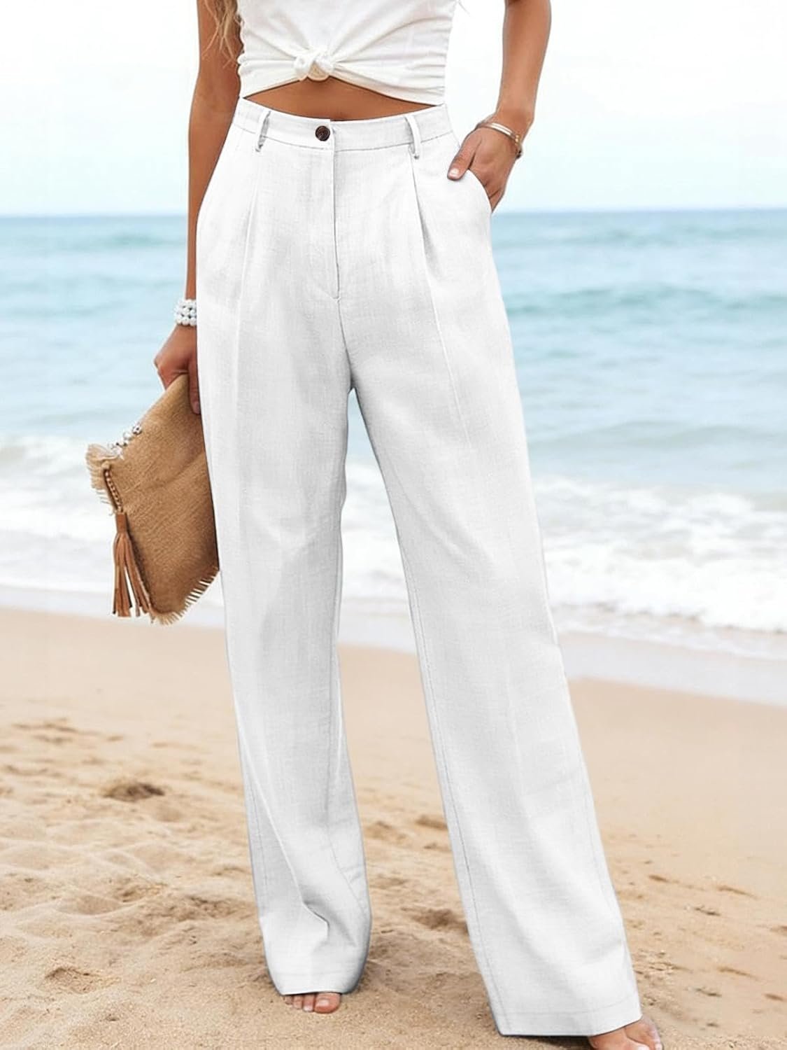 Wide Leg Linen Pants for Women Casual Button Up High Waisted Pleated Dress Trousers Straight Leg Workwear Pants Beach Bottoms - Image 4
