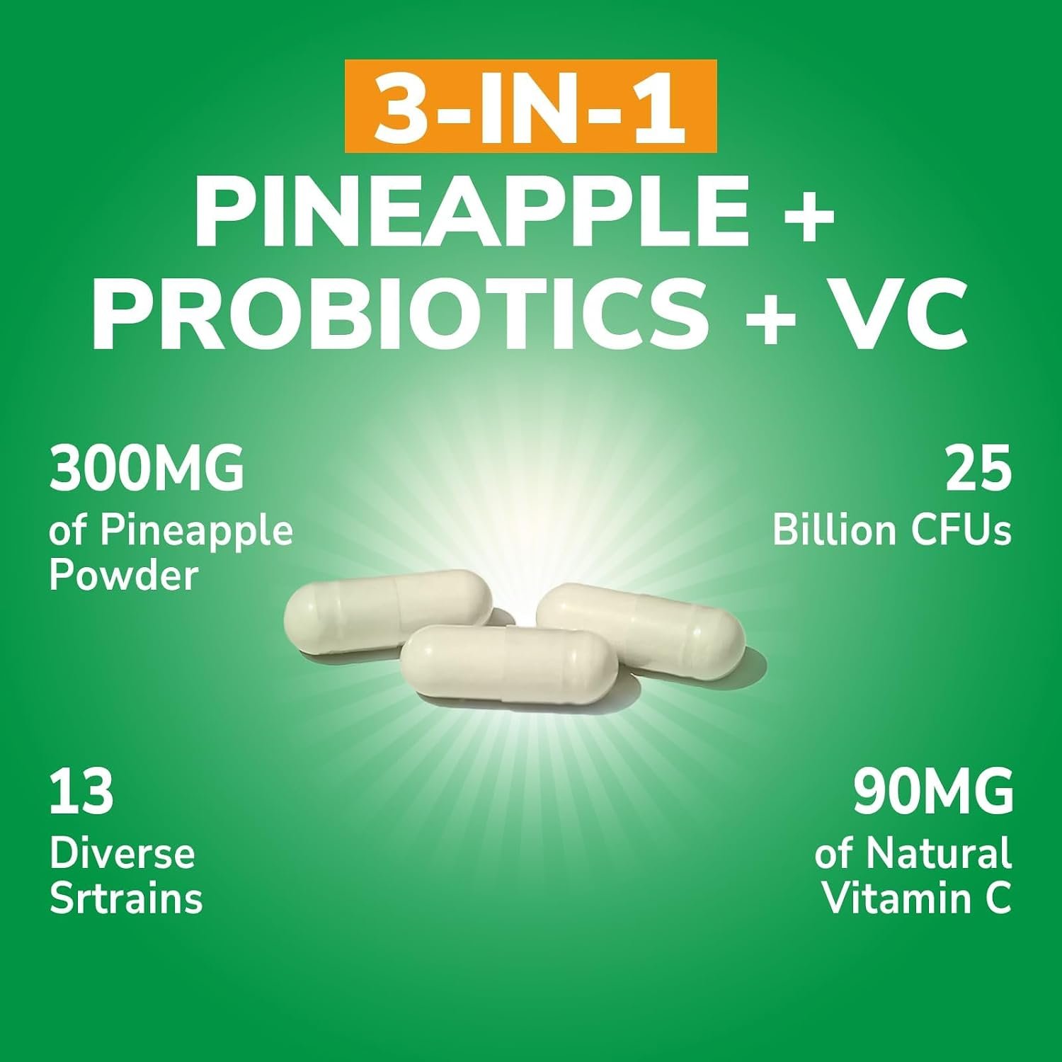 Vitalibre Pineapple + Probiotic, 300 mg, 25 Billion CFUs, 13 Strains, Natural Vitamin C, Powerful Antioxidants, for Immunity, Vaginal, Gut Health, 30 Vegan Capsules, Non GMO - Image 2