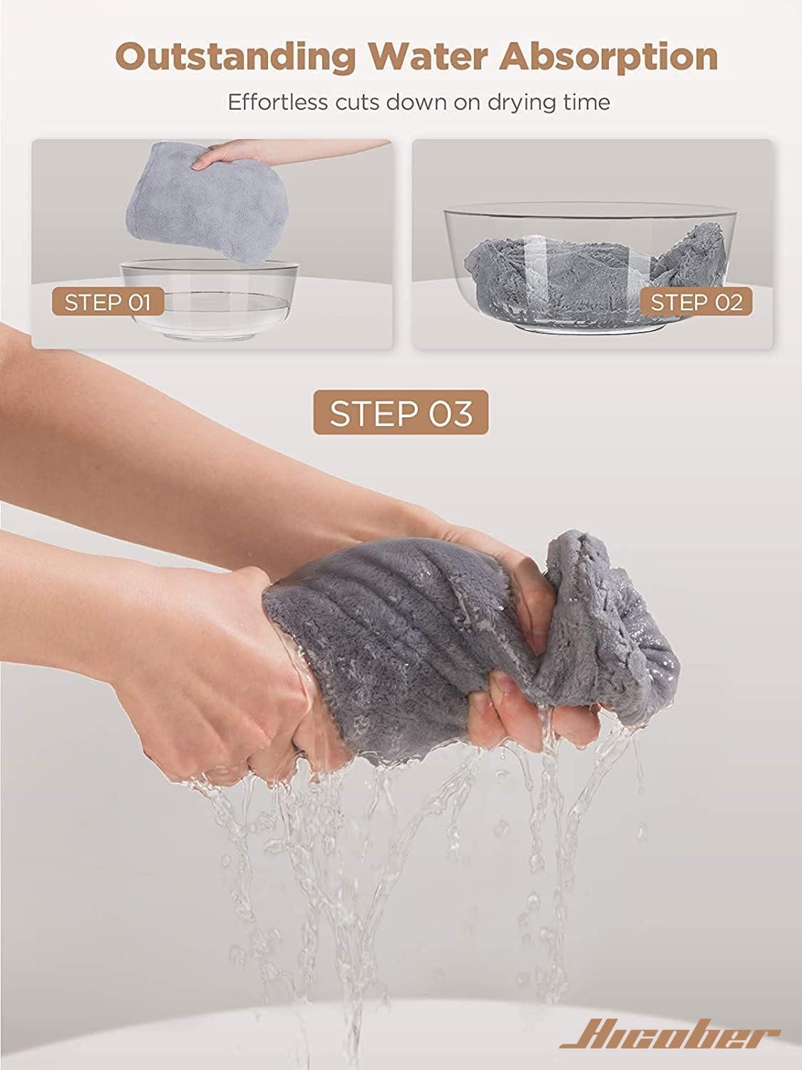 Hicober Microfiber Hair Towel Wrap for Women, Blue Grey Pink, 3-Pack | Soft, highly absorbent wrap helps hair dry faster and stays securely in place on curly, thick or long hair - Image 7