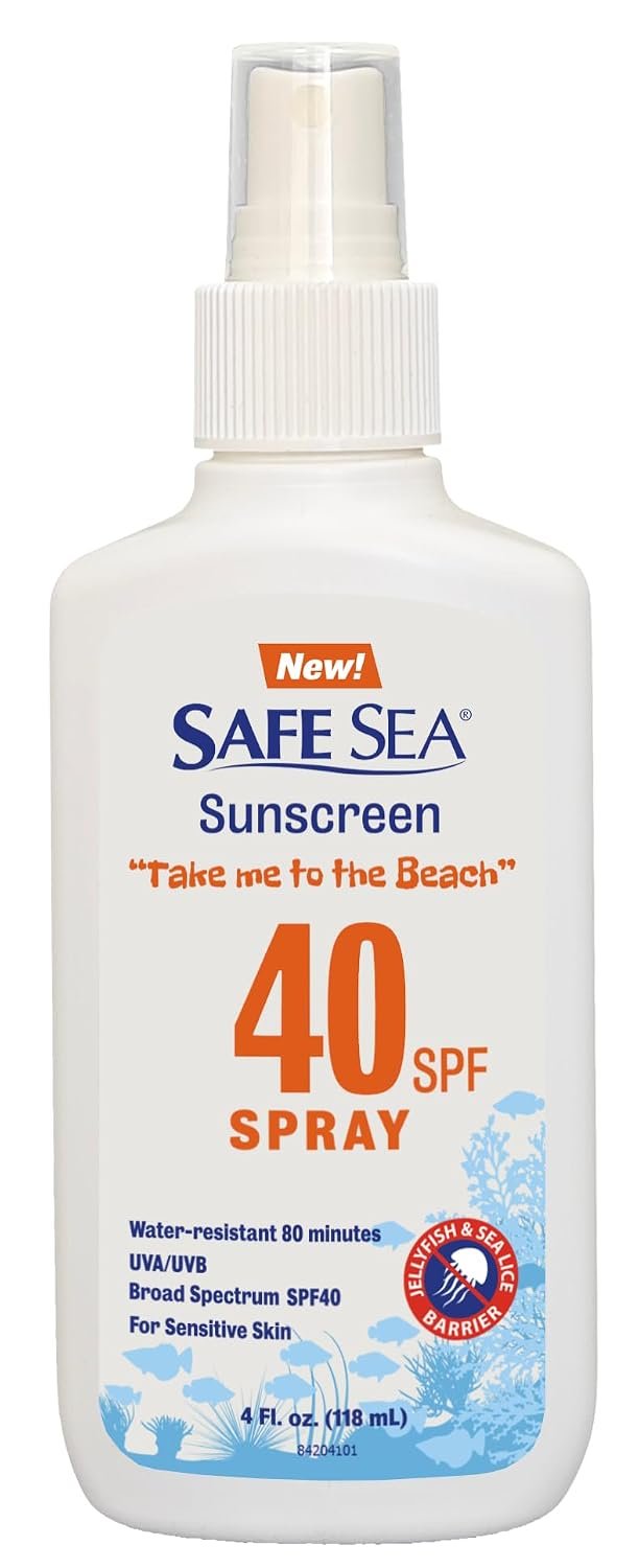 Safe Sea Jellyfish Sting-Blocking Sunscreen, SPF 40+ Spray 4 Fl oz, Waterproof, Biodegradable, Coral Reef-Safe – Body and Face Sunscreen, Anti-Jellyfish and Sea-Lice sting protection.