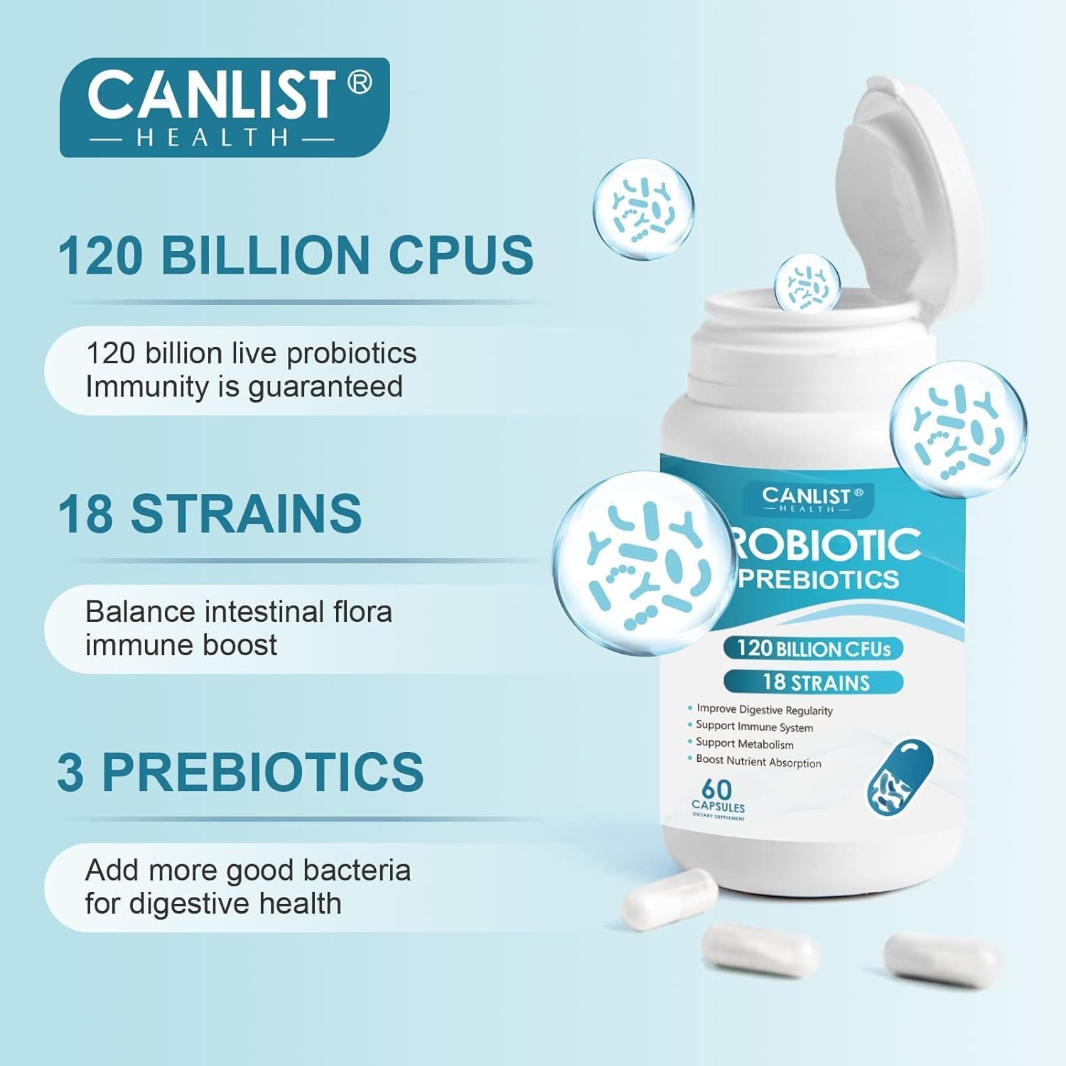 CANLIST Probiotics 120 Billion CFUs 18 Strains, 3 Prebiotics & Digestive Enzymes for Men Women,Digestive & Immune Support,Shelf Stable Non-GMO 60 Capsules - Image 3