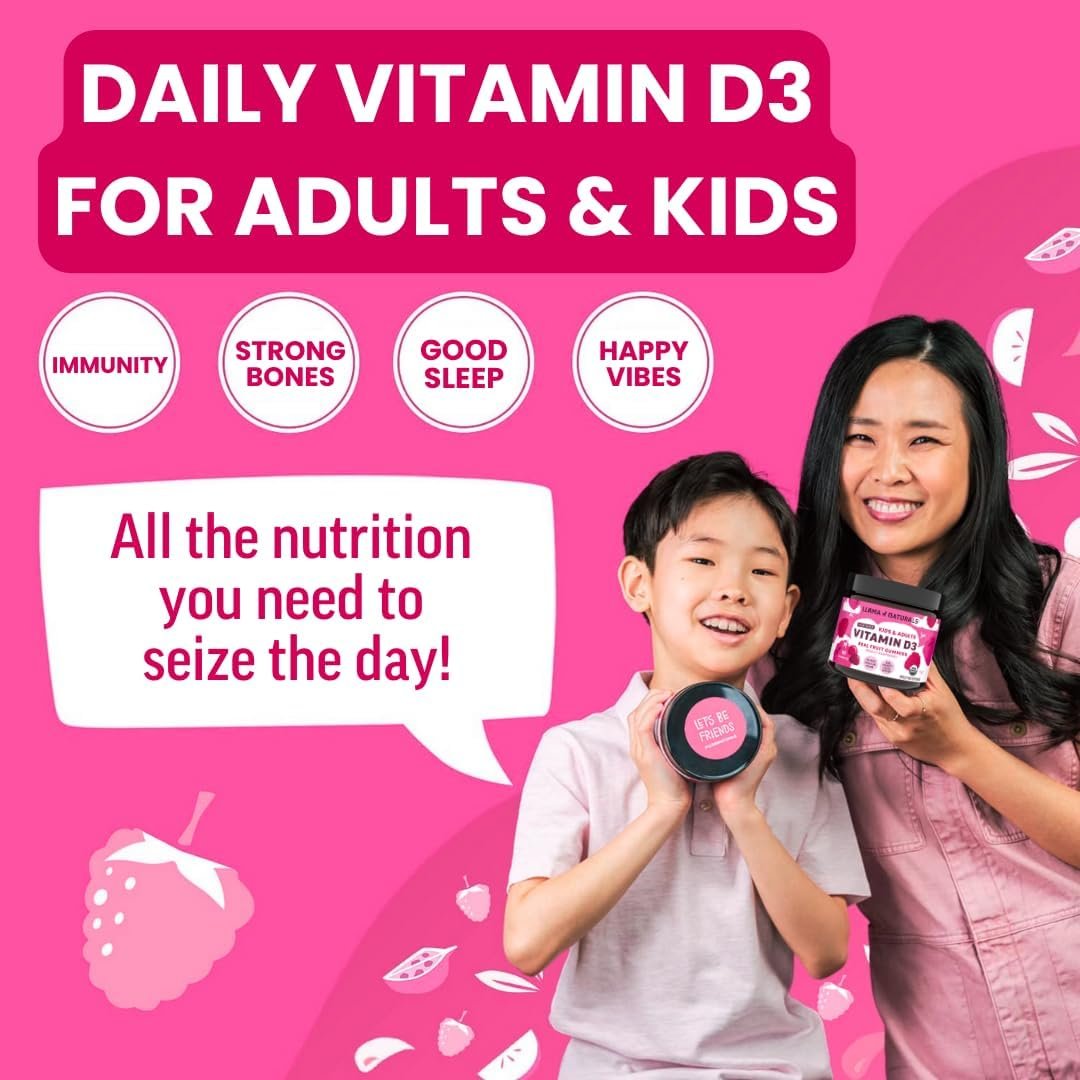 Llama Naturals Vitamin D3, Vegan, Organic Immune Support Supplement, Vitamin D Gummies for Adults and Kids, Real Fruit Gummy Vitamins, Promotes Bone Health, No Added Sugar Cane, Raspberry, 60 Ct - Image 6