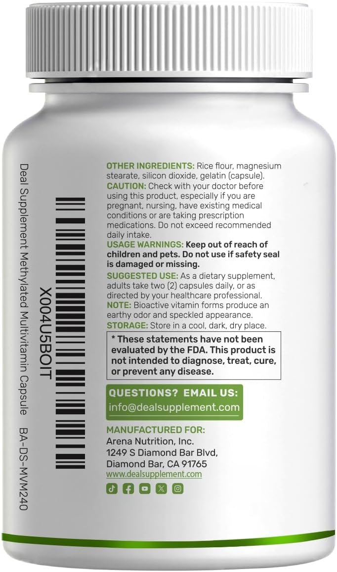 DEAL SUPPLEMENT Methylated Multivitamin for Men & Women, 240 Capsules | 100% DV Vitamins & Minerals | Activated B-Complex & Chelated Minerals, with CoQ10, TMG & ALA | Non-GMO, cGMP Manufactured - Image 7
