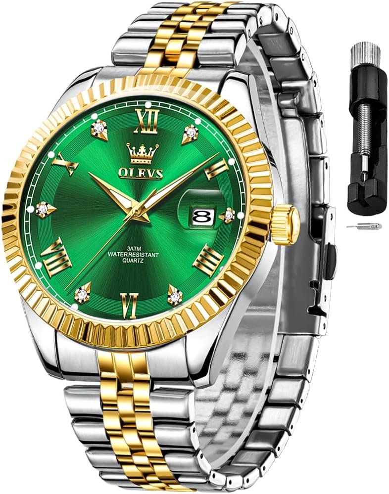 OLEVS Classic Mens Watch Diamond Analog Luxury Watches Stainless Steel Waterproof Date Two Tone Luminous Watch for Men