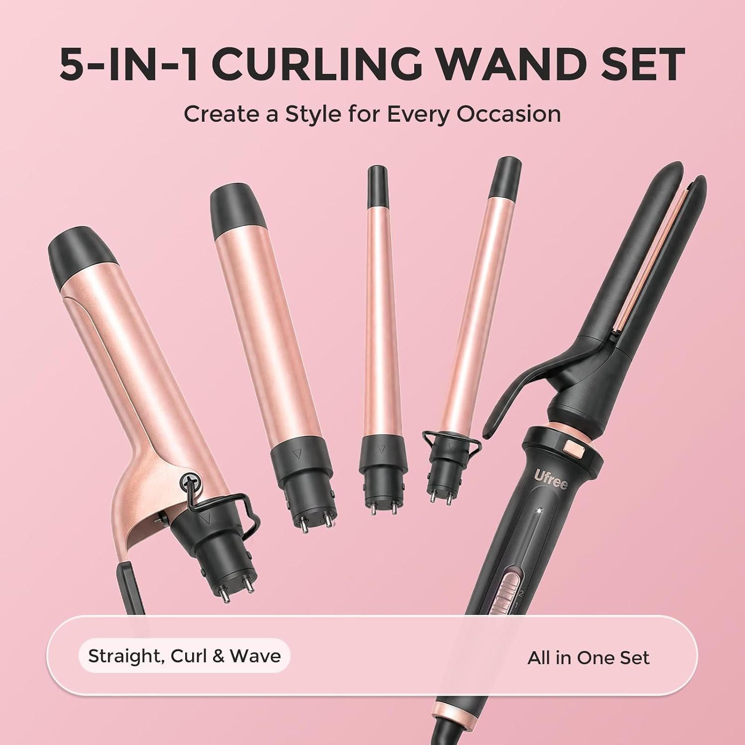 Ufree 5 in 1 Curling Iron with Interchangeable Ceramic Barrels (0.35"-1.25"), Curling Wand Set with Flat Iron Hair Straightener, Instant Heat Up, Dual Voltage Hair Curler, Gifts for Women - Image 9