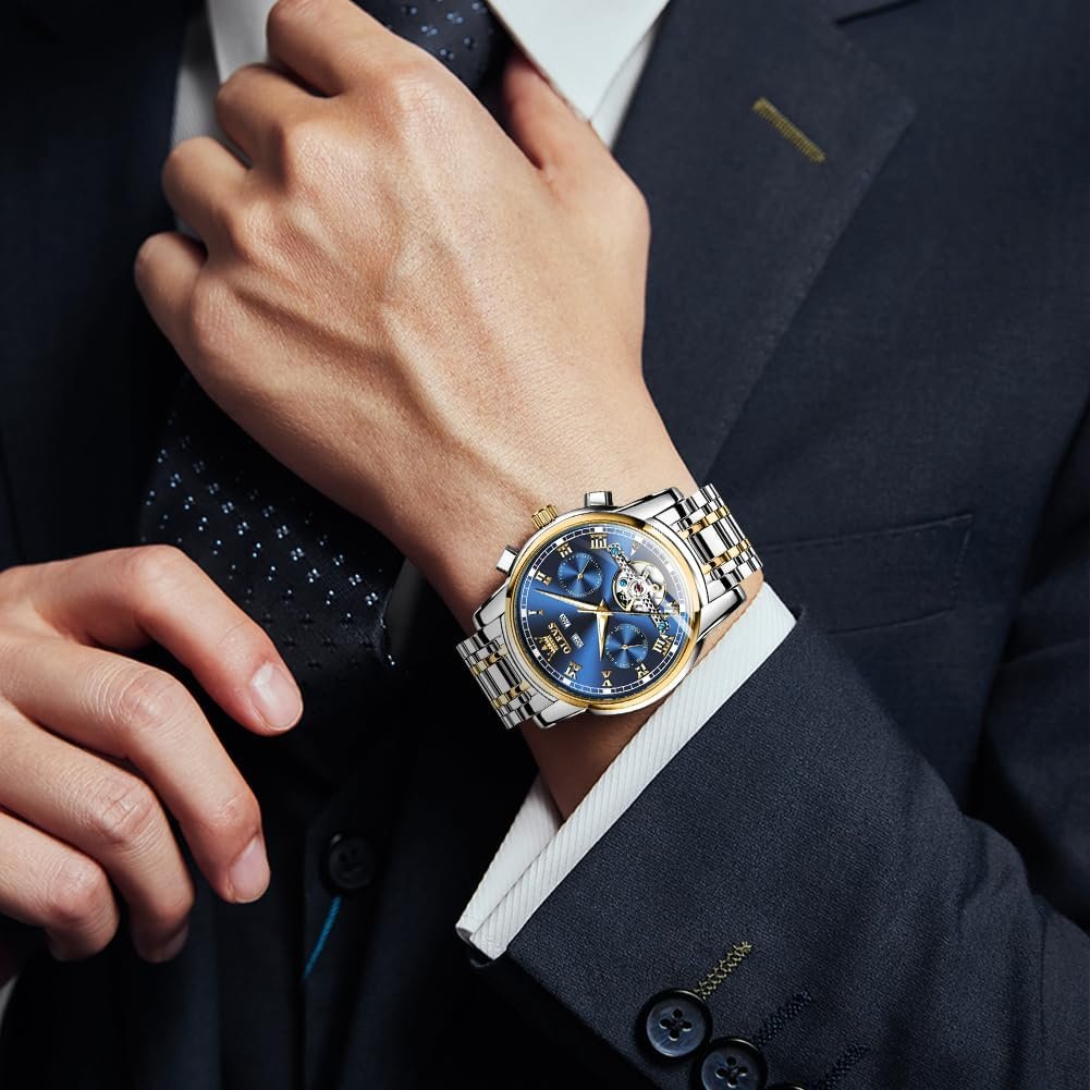 OLEVS Self Winding Watches for Men Automatic Mechanical Dress Tourbillon Stainless Steel Dual Calendar Waterproof Luminous Wrist Watch - Image 3