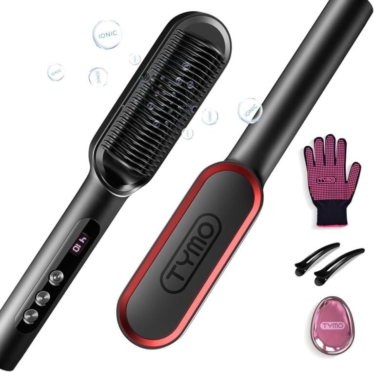 TYMO Ring Plus Hair Straightener Brush, Ionic Straightening Comb, 9 Temps | Straightening Brush with Negative Ions for Women, Titanium Coating, LED Display, Dual Voltage, Black