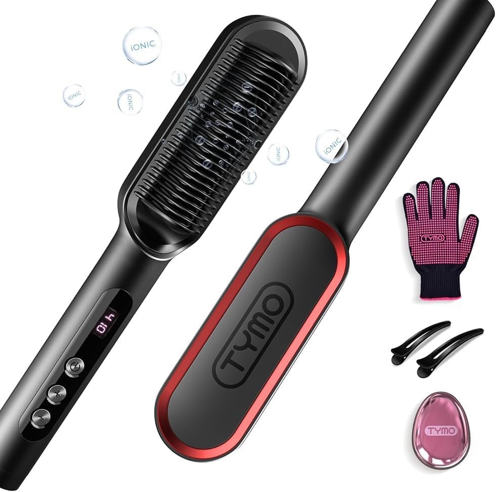 TYMO Ring Plus Hair Straightener Brush, Ionic Straightening Comb, 9 Temps | Straightening Brush with Negative Ions for Women, Titanium Coating, LED Display, Dual Voltage, Black