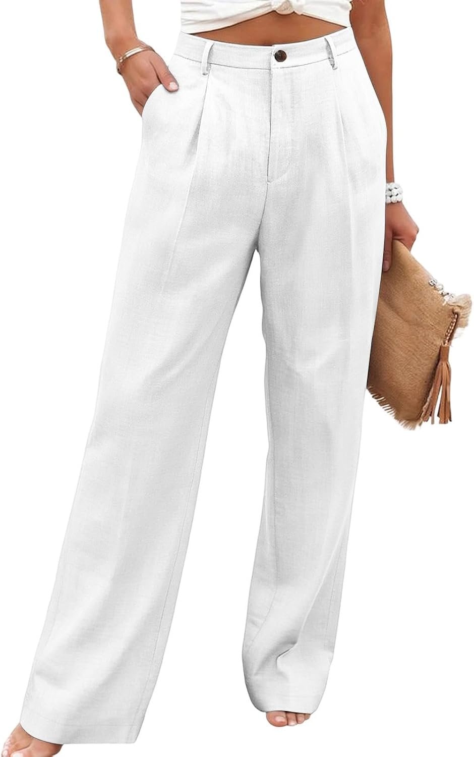 Wide Leg Linen Pants for Women Casual Button Up High Waisted Pleated Dress Trousers Straight Leg Workwear Pants Beach Bottoms
