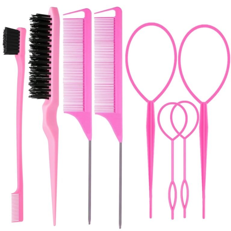 ZVOREI 8Pcs Hair Brushes Set wit, Pink 4Pcs Topsy Hair Tail Tools