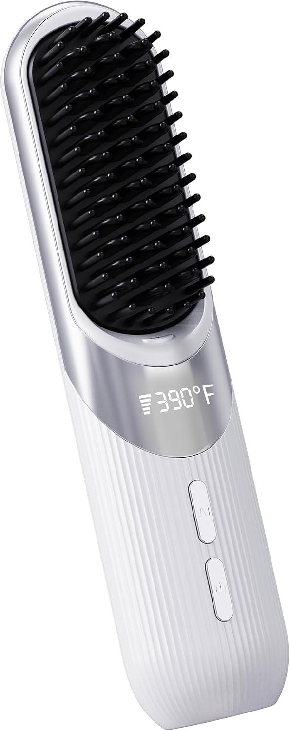 Cordless Hair Styling Brush 2-in-1 AI Smart Styler Fast Heat 30 Seconds USB Rechargeable Dual Power LCD Display Portable Travel Comb Includes Pouch (White)