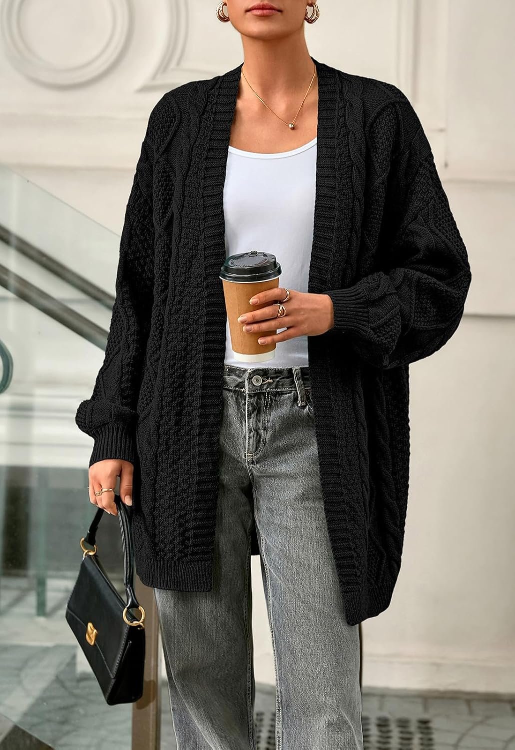 PRETTYGARDEN Women's Cable Knit Open Front Fall Sweater Lantern Long Sleeve Chunky Cardigan Sweaters Trendy Outerwear Coats - Image 4