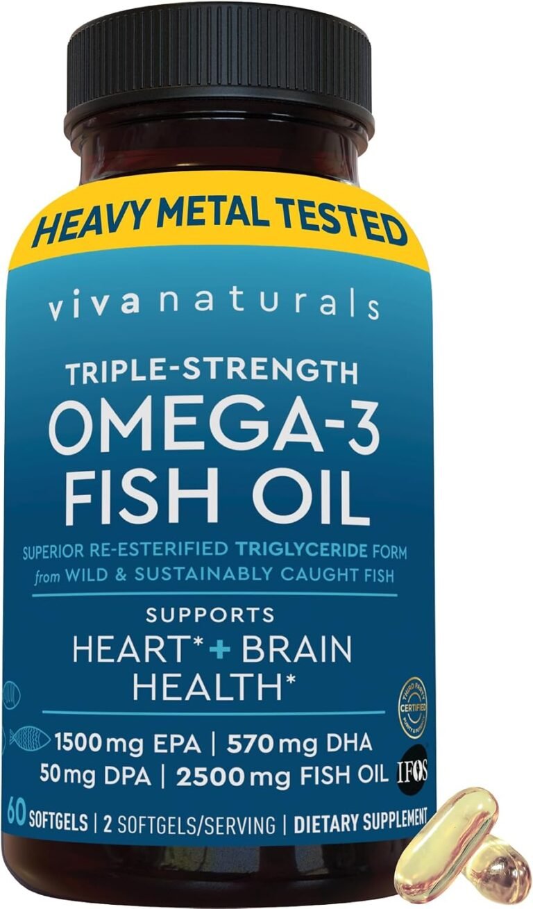 Viva Naturals Omega 3 Fish Oil Supplement – 2500 mg High-Potency Fish Oil per Serving, Easy-to-Absorb Re-esterified Triglyceride Form, Pescatarian-Friendly DPA EPA DHA Omega 3 Supplement, 60 Softgels