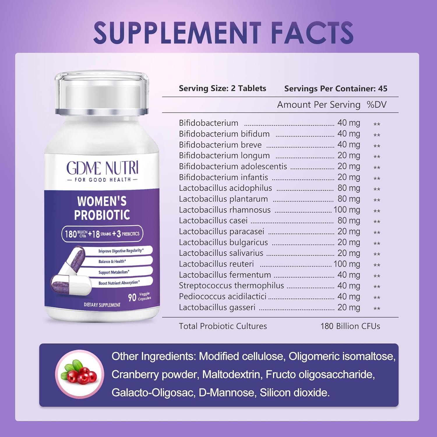 Probiotics 180 Billion CFU 18 Strains Contains Organic Prebiotic Cranberry Probiotic Supplement Digestion Immunity for Women's Health,Non Soy Gluten Dairy Free 90 Vegetarian Capsules - Image 2