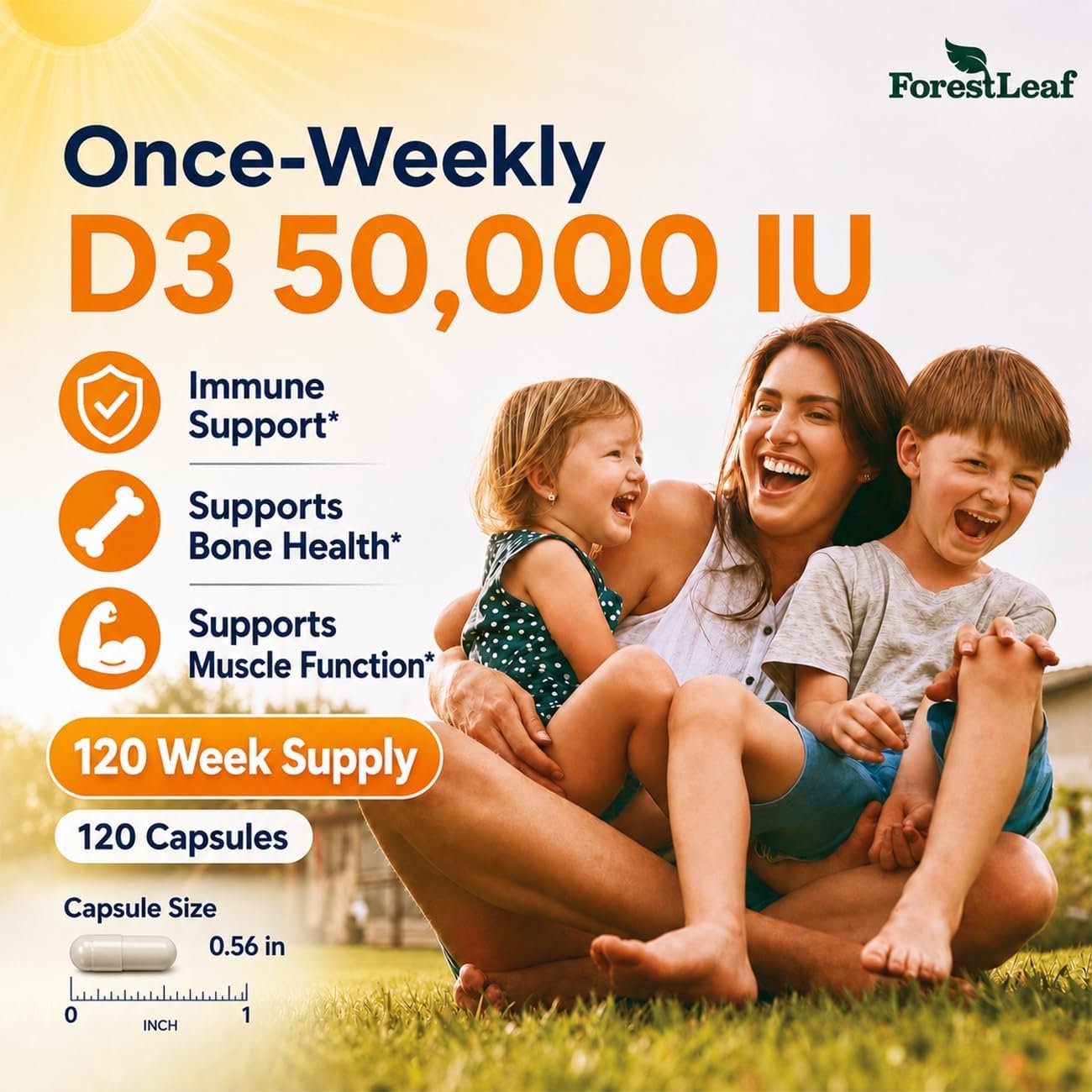ForestLeaf Vitamin D3 50,000 IU High Potency Weekly Supplement, 120 Ct | Bone, Teeth and Immune Support, Extra Strength Cholecalciferol Capsules for Men and Women, Non-GMO, 2 Year Supply - USA Made - Image 2