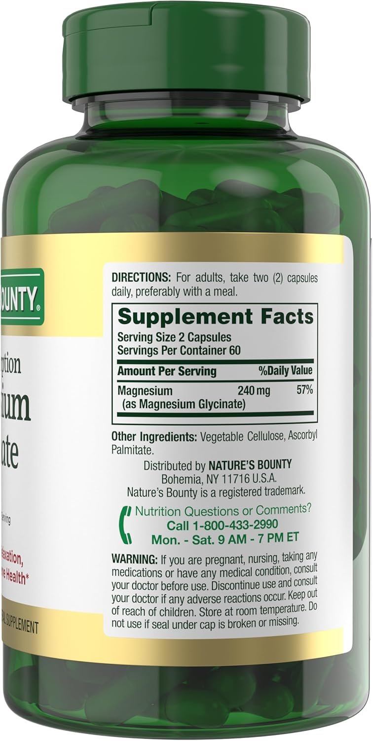 Nature’s Bounty High Absorption Magnesium Glycinate 240 mg for Supporting Muscle Relaxation and Bone, Heart & Nerve Health – Non-GMO, Gluten-Free, Vegetarian, 120 Count/60 Servings - Image 8