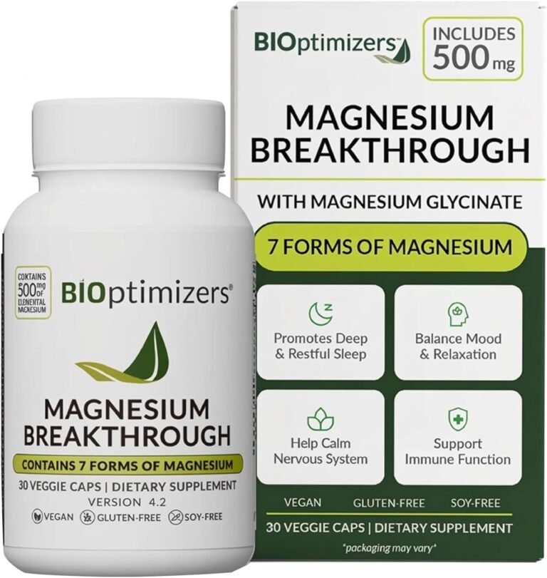 BIOptimizers Magnesium Breakthrough Supplement with 500mg - 7 Forms of Magnesium: Glycinate, Malate, Citrate, and More - Natural Support for Sleep and Cognitive Function -30 Capsules- Calming Vitamins