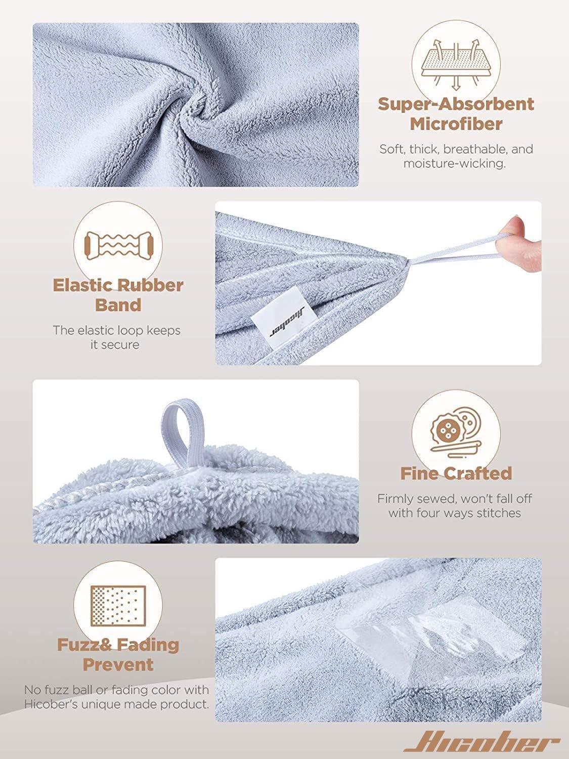 Hicober Microfiber Hair Towel Wrap for Women, Blue Grey Pink, 3-Pack | Soft, highly absorbent wrap helps hair dry faster and stays securely in place on curly, thick or long hair - Image 3