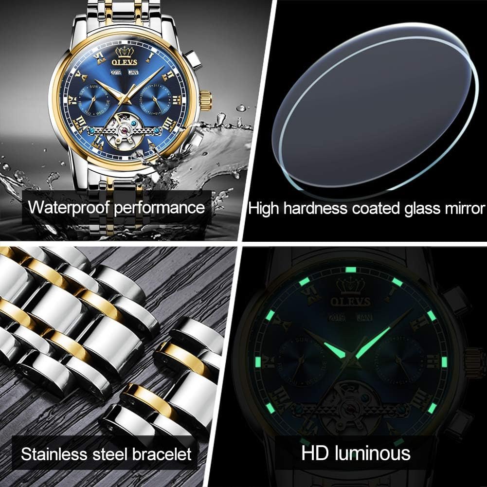 OLEVS Self Winding Watches for Men Automatic Mechanical Dress Tourbillon Stainless Steel Dual Calendar Waterproof Luminous Wrist Watch - Image 4