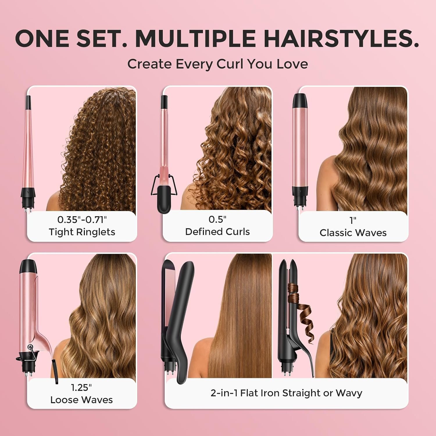 Ufree 5 in 1 Curling Iron with Interchangeable Ceramic Barrels (0.35"-1.25"), Curling Wand Set with Flat Iron Hair Straightener, Instant Heat Up, Dual Voltage Hair Curler, Gifts for Women - Image 2