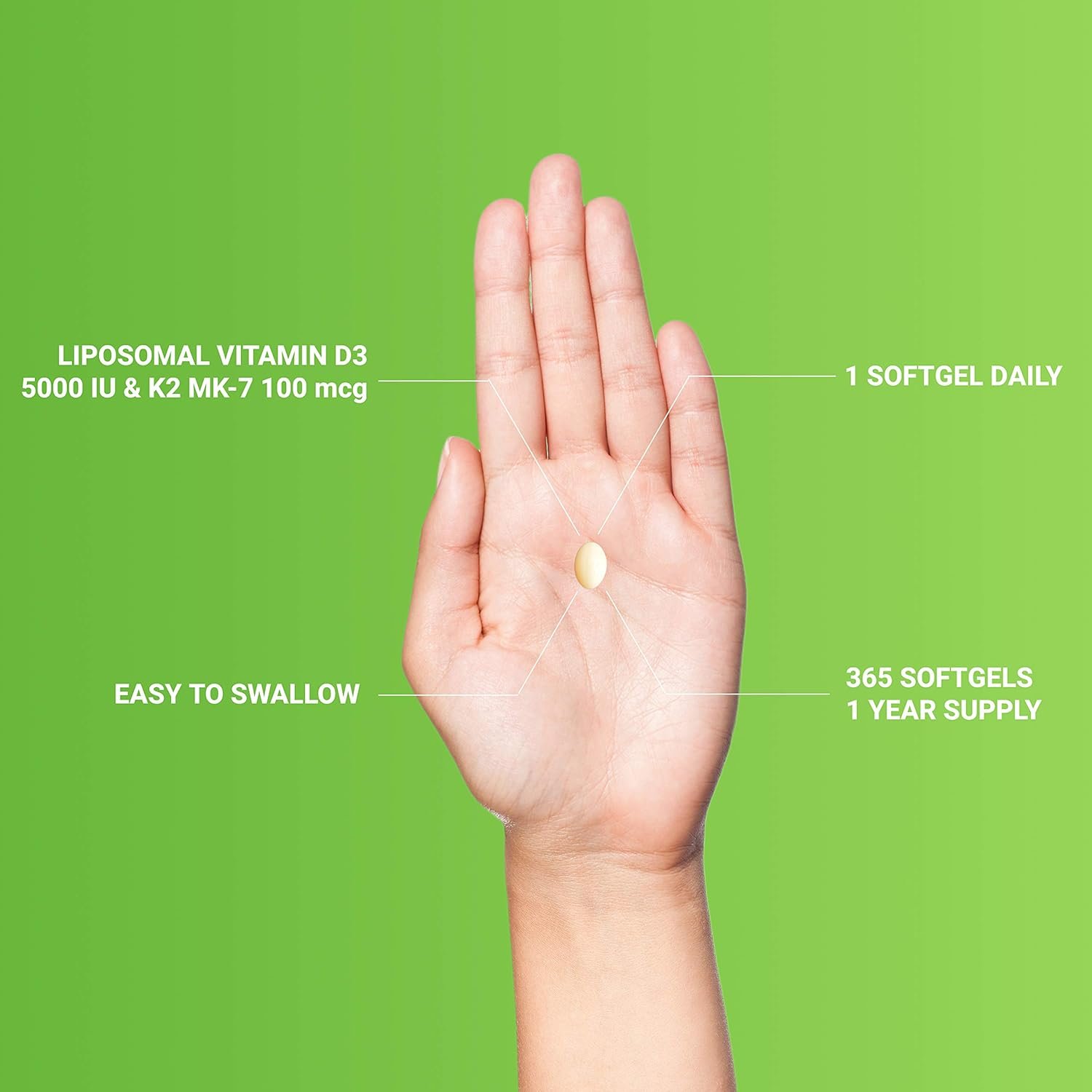 UpNourish Liposomal D3 K2 MK-7 – 365 Mini softgels with Organic Coconut Oil - 5000 IU 125 mcg Vitamin D3 and 100 mcg Vitamin k2 for Optimal Bone and Immune Health - Image 4