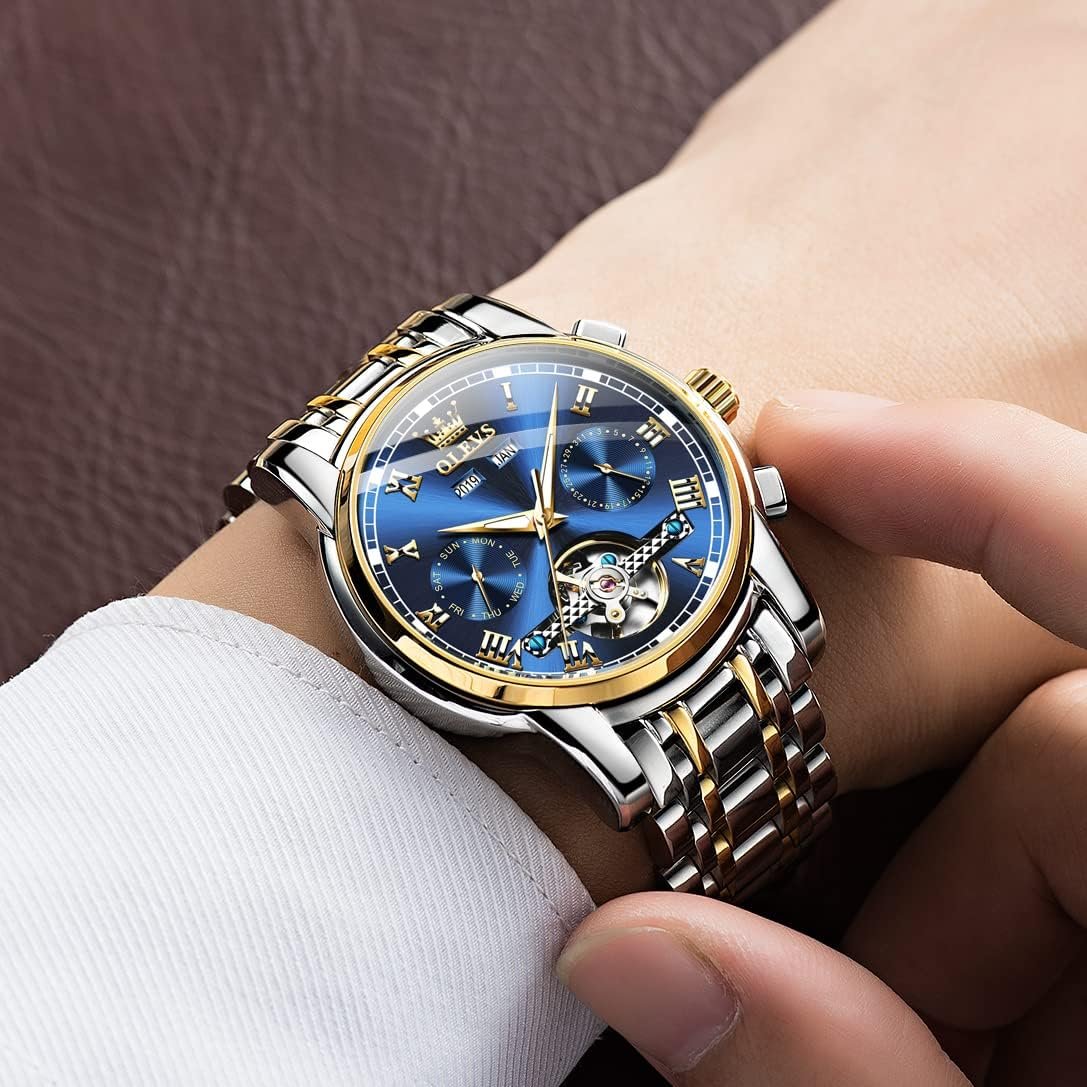 OLEVS Self Winding Watches for Men Automatic Mechanical Dress Tourbillon Stainless Steel Dual Calendar Waterproof Luminous Wrist Watch - Image 2