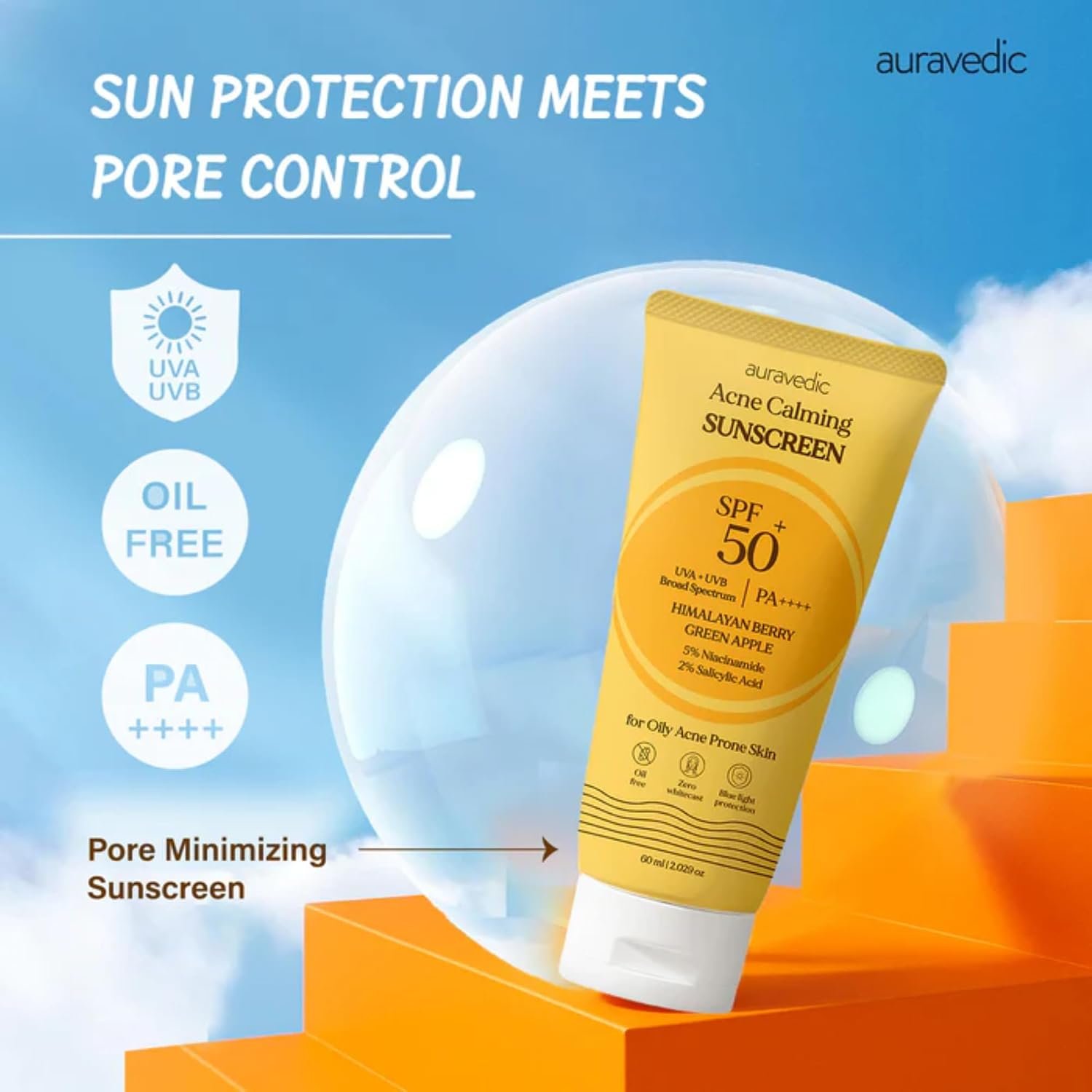 Auravedic Acne Calming Sunscreen SPF 50 PA++++ | Oil Free Face Sunscreen for Acne Prone Skin & Oily Skin | 5% Niacinamide & 2% Salicylic Acid | Non-Comedogenic, No White Cast, Matte Finish, 2.03 Fl Oz - Image 2