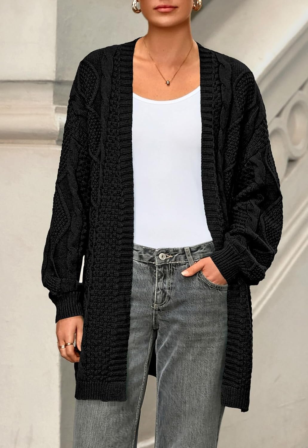 PRETTYGARDEN Women's Cable Knit Open Front Fall Sweater Lantern Long Sleeve Chunky Cardigan Sweaters Trendy Outerwear Coats - Image 2