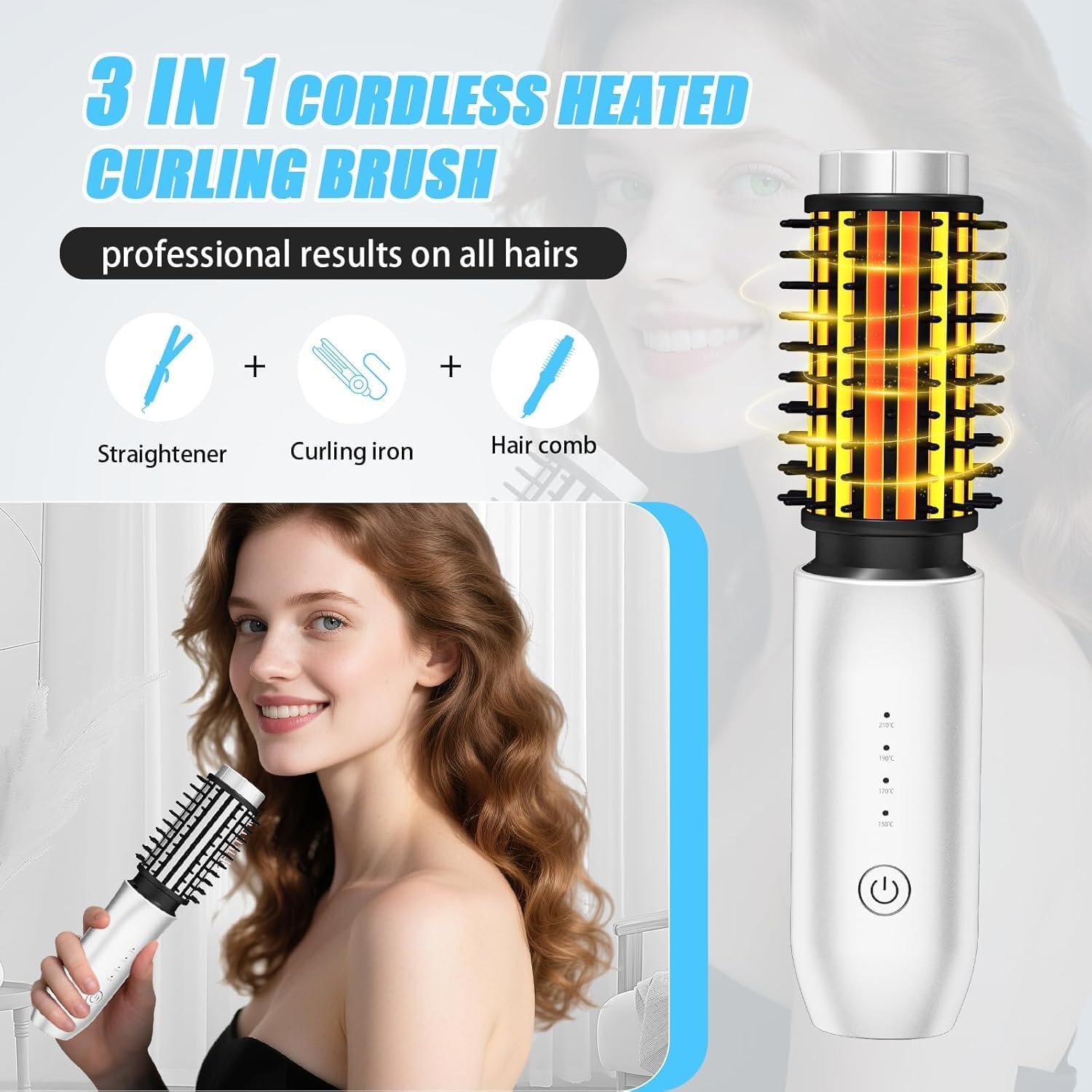 Cordless Curling Iron Brush,1.5-inch Mini Travel Curling Iron, 3-in-1 Portable Heated Round Straightening Brush, Rechargeable Curlings Irons, for Curls, Straightening, De-frizzing, and Styling, White - Image 2