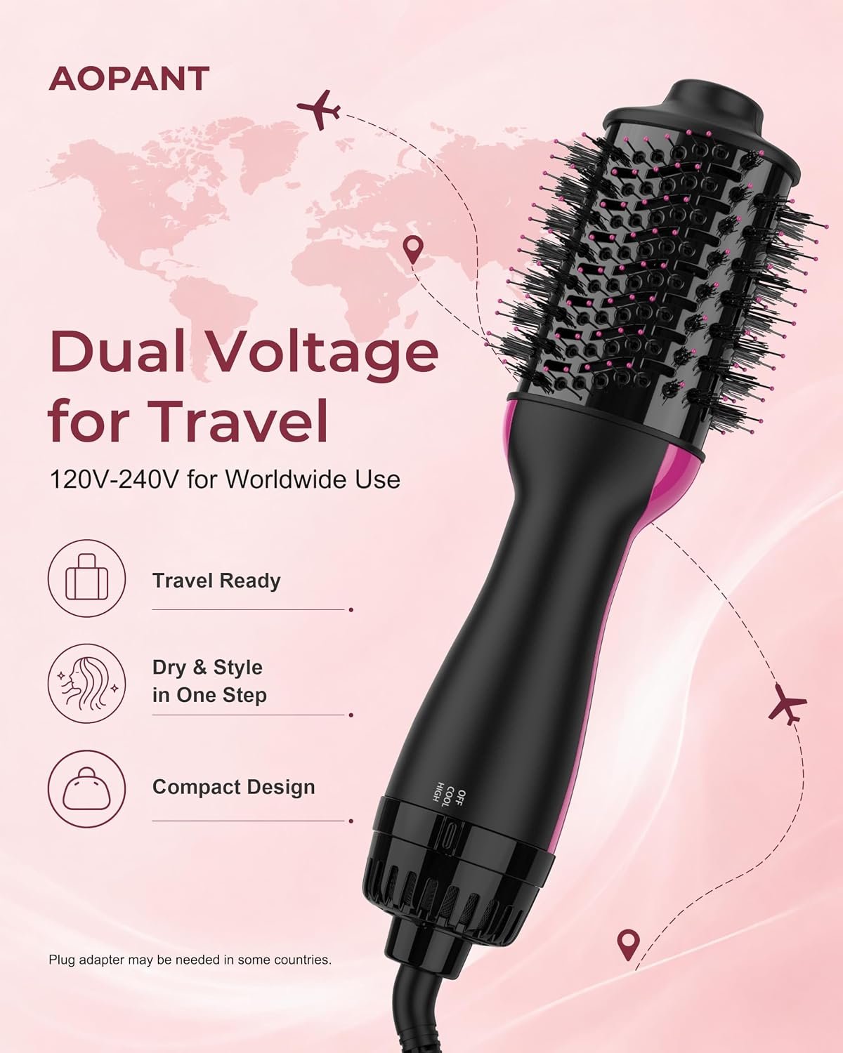 Aopant Dual Voltage Mini Hair Dryer Brush Blow Dryer Brush in One, 110-240V 900W Travel Hot Air Brush Volumizer, 4-in-1 Styling Brush with Ceramic Titanium Barrel, Ionic Care, Cool & High Settings - Image 2