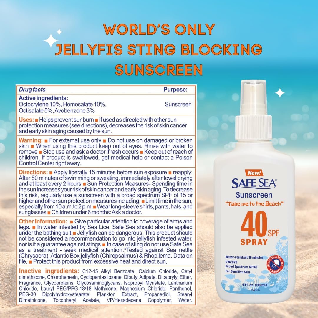 Safe Sea Jellyfish Sting-Blocking Sunscreen, SPF 40+ Spray 4 Fl oz, Waterproof, Biodegradable, Coral Reef-Safe – Body and Face Sunscreen, Anti-Jellyfish and Sea-Lice sting protection. - Image 2
