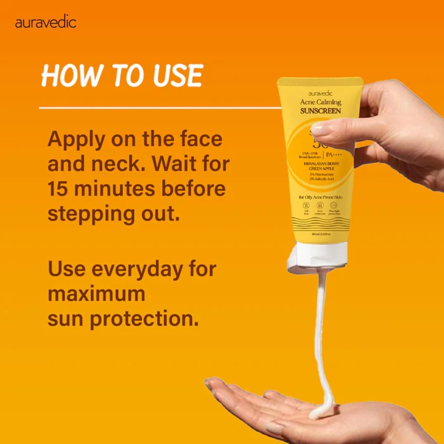 Auravedic Acne Calming Sunscreen SPF 50 PA++++ | Oil Free Face Sunscreen for Acne Prone Skin & Oily Skin | 5% Niacinamide & 2% Salicylic Acid | Non-Comedogenic, No White Cast, Matte Finish, 2.03 Fl Oz - Image 9