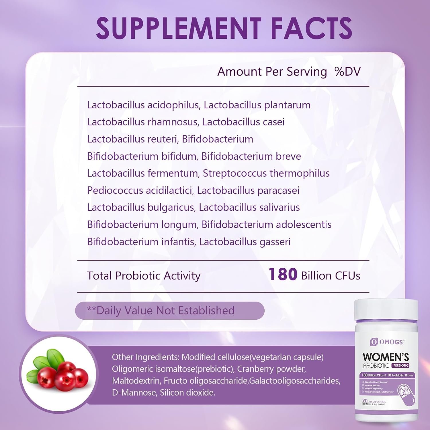 OMOGS Women's Probiotic 180 Billion CFUs 18 Strains, with Organic Prebiotics, Cranberry Extract, D-Mannose & Digestive Enzymes, for Digestive, Boost Immune, PH Balance & Urethral Health, 90 Capsules - Image 2