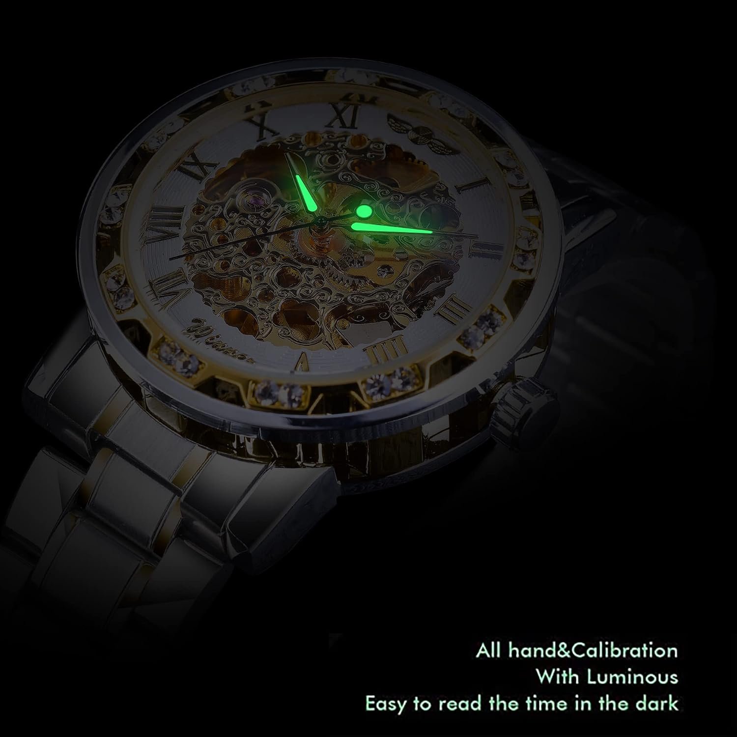 Winner Retro Manual Mechanical Skeleton Watch with Diamond and Carving Flower Craft Men Skeleton Wrist Watch Mechanical Classic Roman Number - Image 6