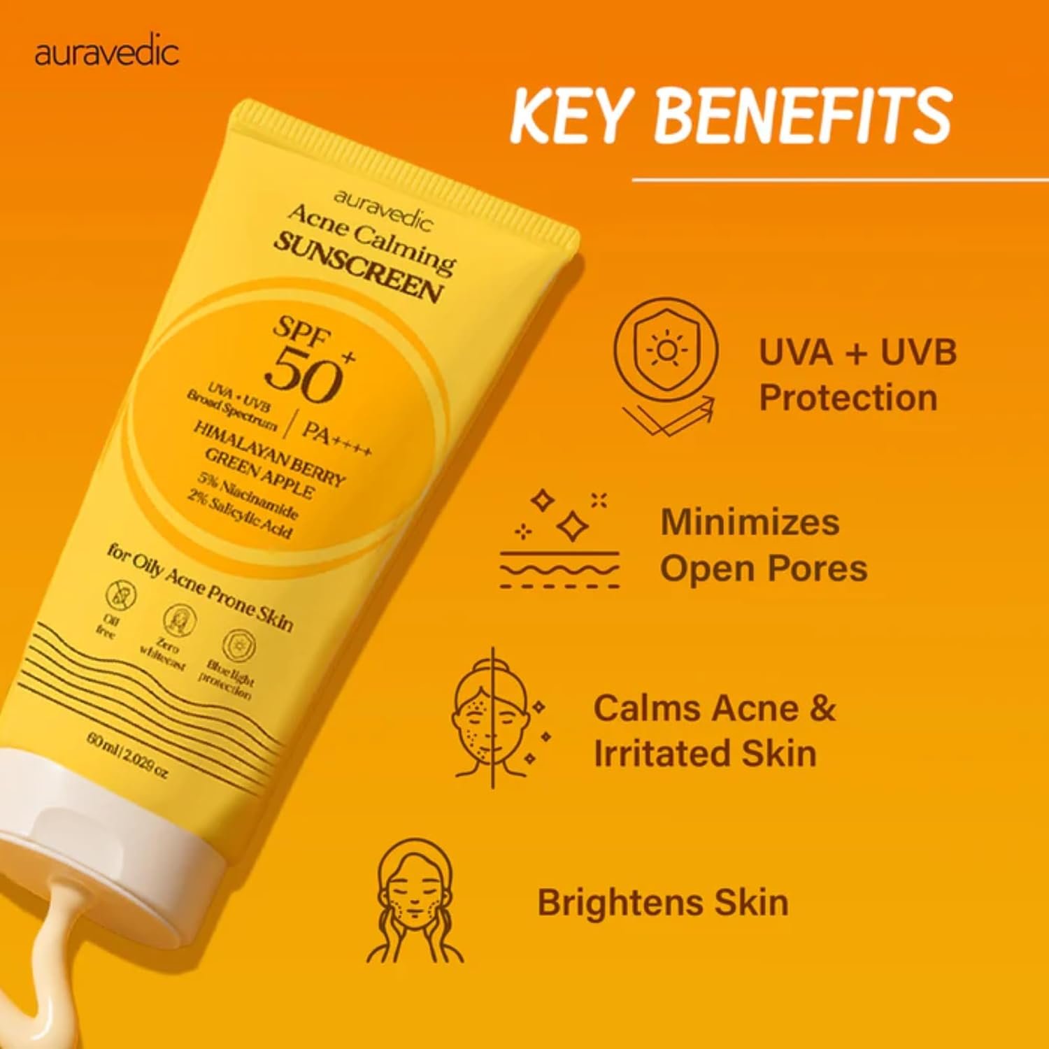 Auravedic Acne Calming Sunscreen SPF 50 PA++++ | Oil Free Face Sunscreen for Acne Prone Skin & Oily Skin | 5% Niacinamide & 2% Salicylic Acid | Non-Comedogenic, No White Cast, Matte Finish, 2.03 Fl Oz - Image 4