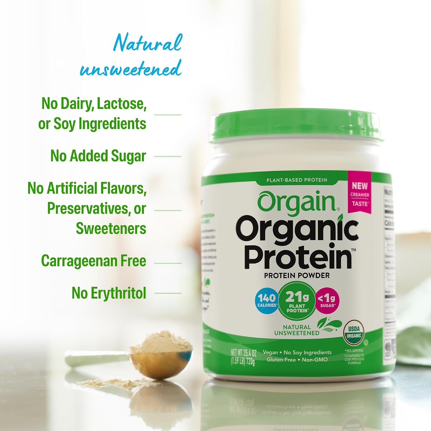 Orgain Organic Vegan Protein Powder, Natural Unsweetened - 21g of Unflavored Plant Protein, 4g Prebiotic Fiber, Low Net Carbs, No Added Sugar, Non-GMO, for Shakes & Recipes, 1.59 lb - Image 5