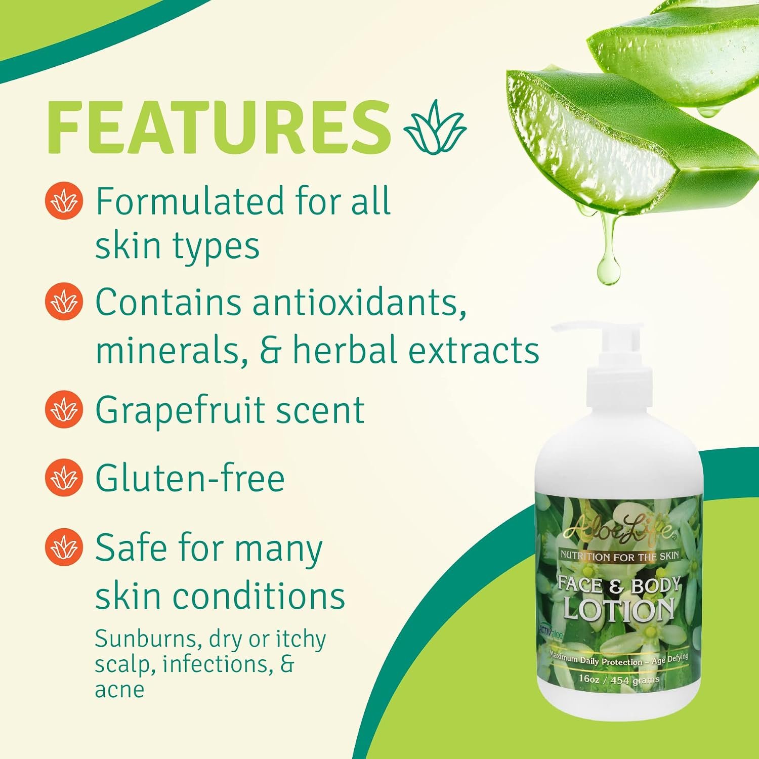 Aloe Life - Face & Body Lotion, Concentrated Formula, Hydrates Dry Skin, Contains Antioxidants, Minerals, & Herbal Extracts, Pleasant Grapefruit Scent, Safe For All Skin Types, Gluten-Free (16 oz) - Image 4