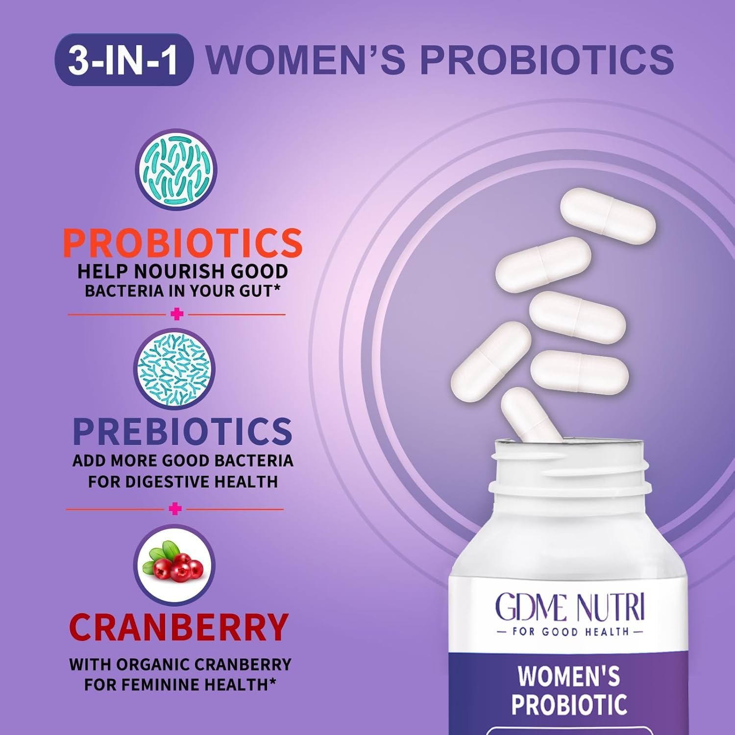 Probiotics 180 Billion CFU 18 Strains Contains Organic Prebiotic Cranberry Probiotic Supplement Digestion Immunity for Women's Health,Non Soy Gluten Dairy Free 90 Vegetarian Capsules - Image 3