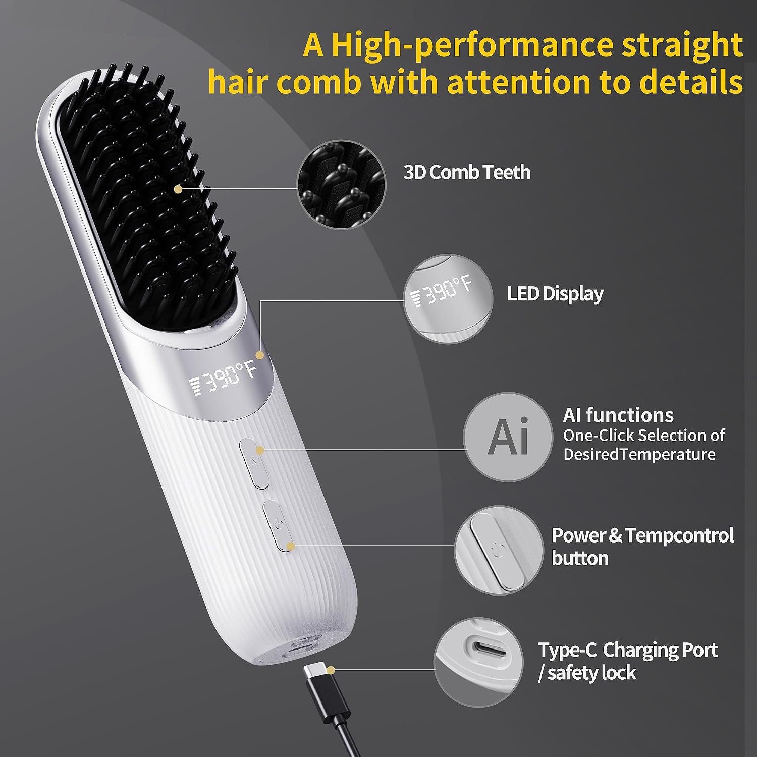 Cordless Hair Styling Brush 2-in-1 AI Smart Styler Fast Heat 30 Seconds USB Rechargeable Dual Power LCD Display Portable Travel Comb Includes Pouch (White) - Image 6