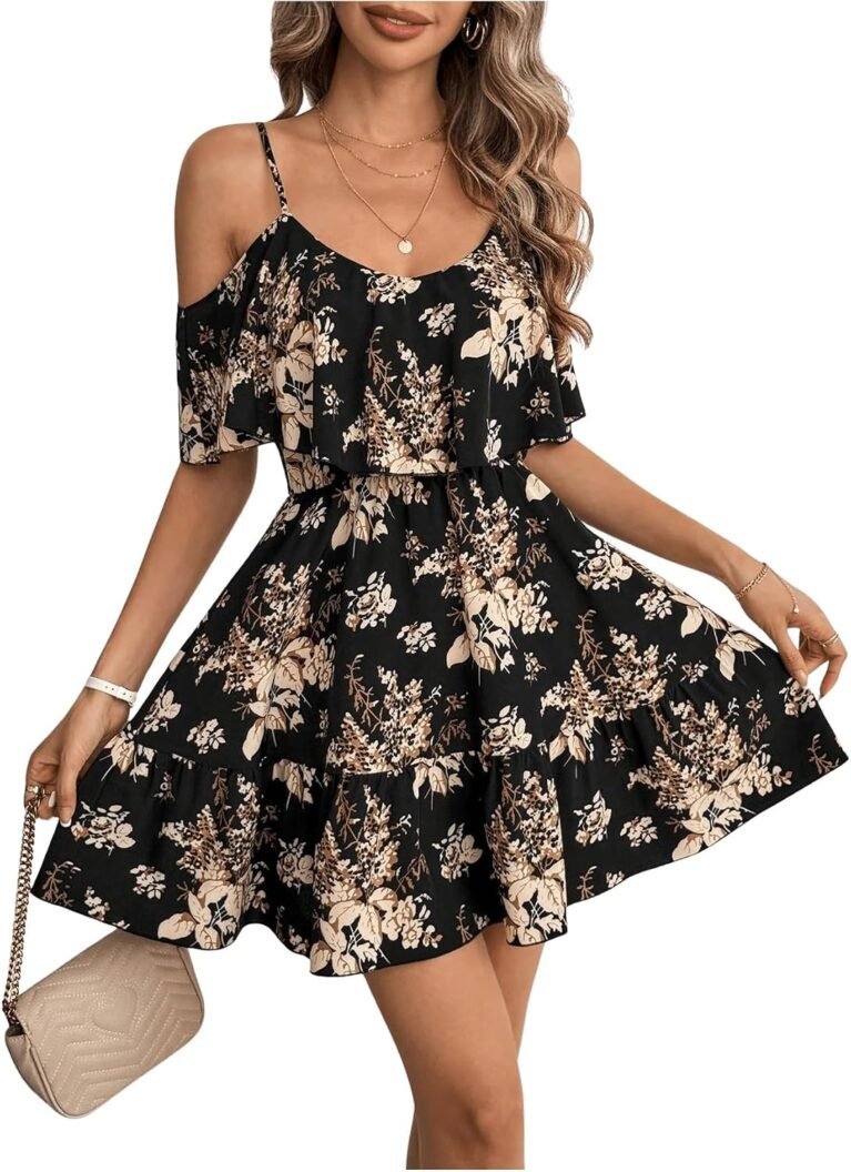 SOLY HUX Women's Summer Floral Mini Dress Cold Shoulder Ruffle Dresses