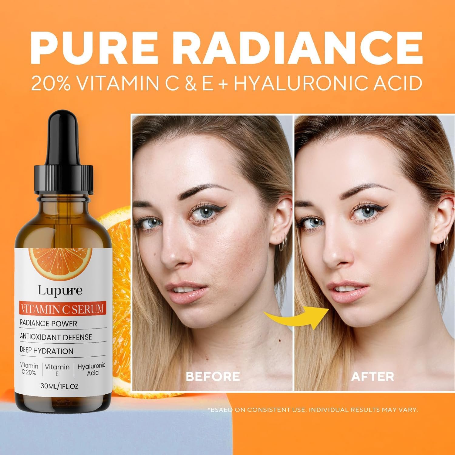 Lupure Professional Vitamin C Face Serum 20%, Anti Aging Facial Super Vit C Serum with Ascorbic Acid Hyaluronic Acid & Vitamin E for Dark Spots, Skin Care, Christmas Gift & Stocking | 1 Fl. Oz - Image 3