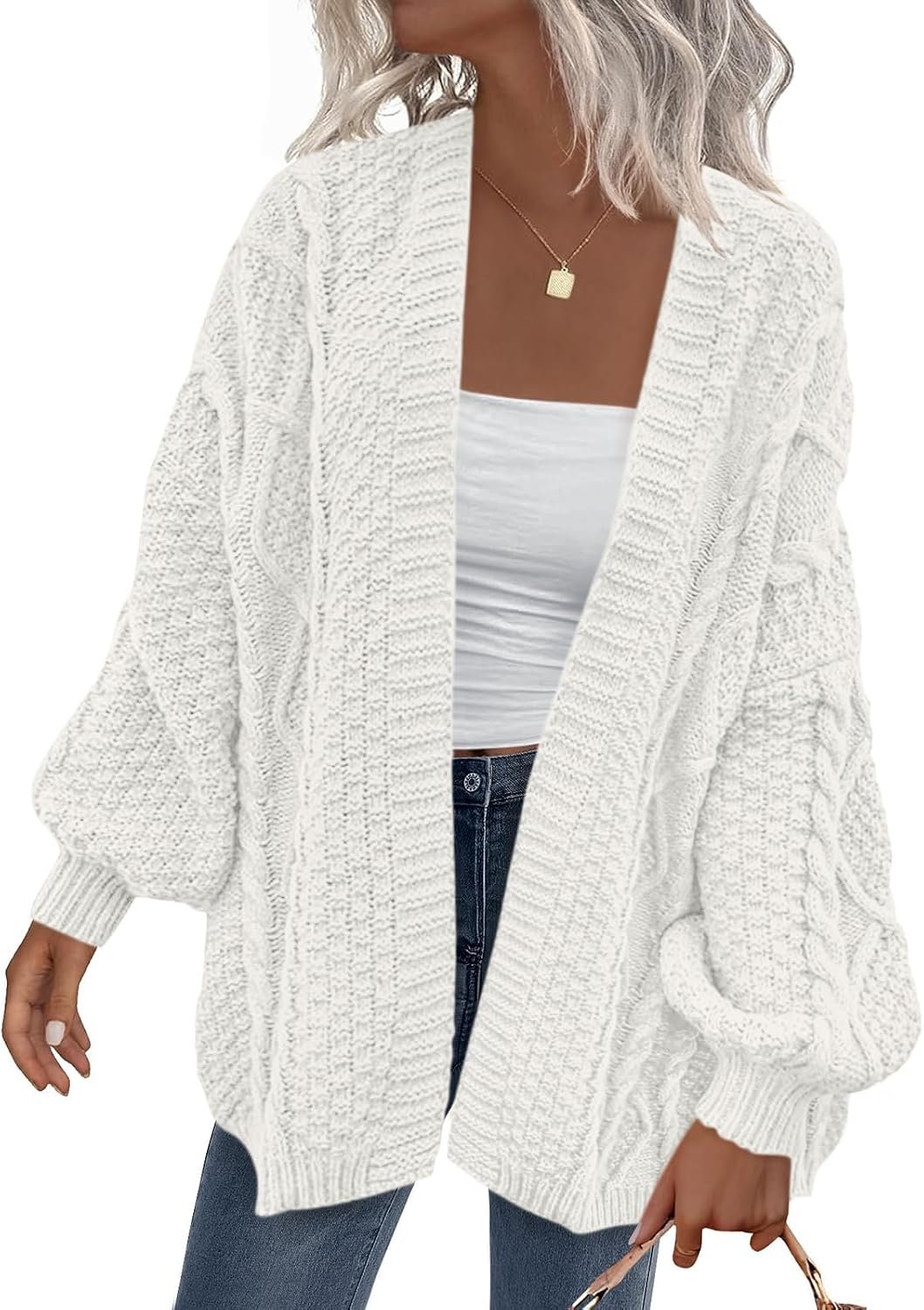 PRETTYGARDEN Women's Cable Knit Open Front Fall Sweater Lantern Long Sleeve Chunky Cardigan Sweaters Trendy Outerwear Coats