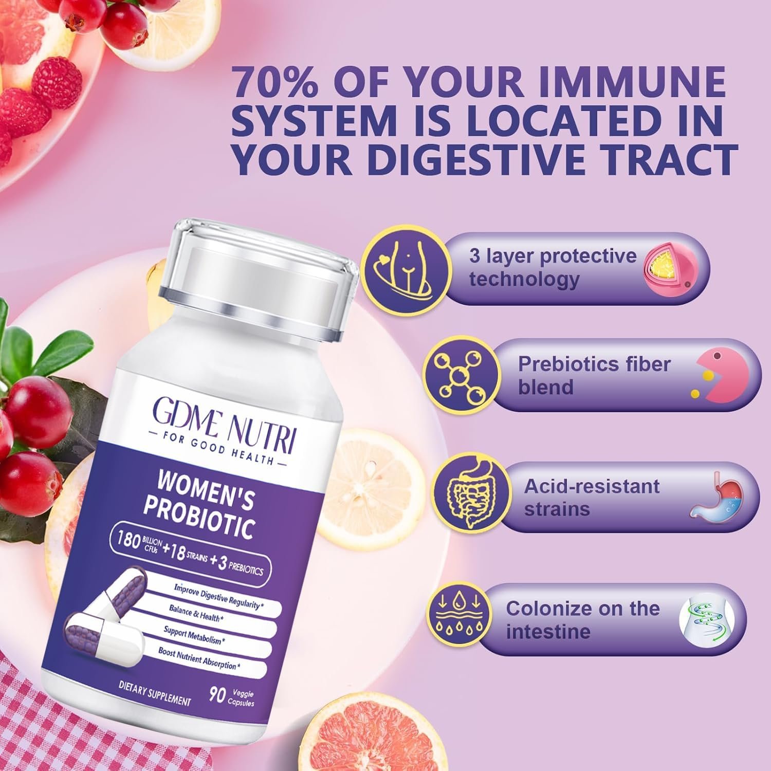 Probiotics 180 Billion CFU 18 Strains Contains Organic Prebiotic Cranberry Probiotic Supplement Digestion Immunity for Women's Health,Non Soy Gluten Dairy Free 90 Vegetarian Capsules - Image 4