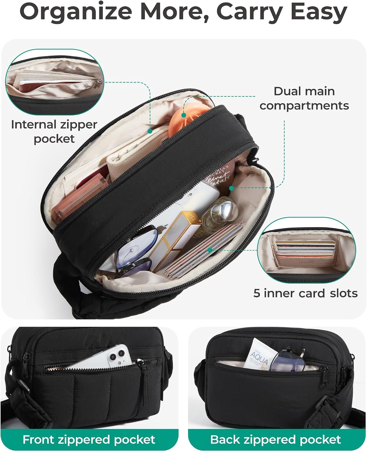 Cross Body Purse, Mini Crossbody Bags for Women Travel Purse, Puffy Shoulder Handbag Wallet with RFID Blocking Slots, Black-2.4L - Image 6