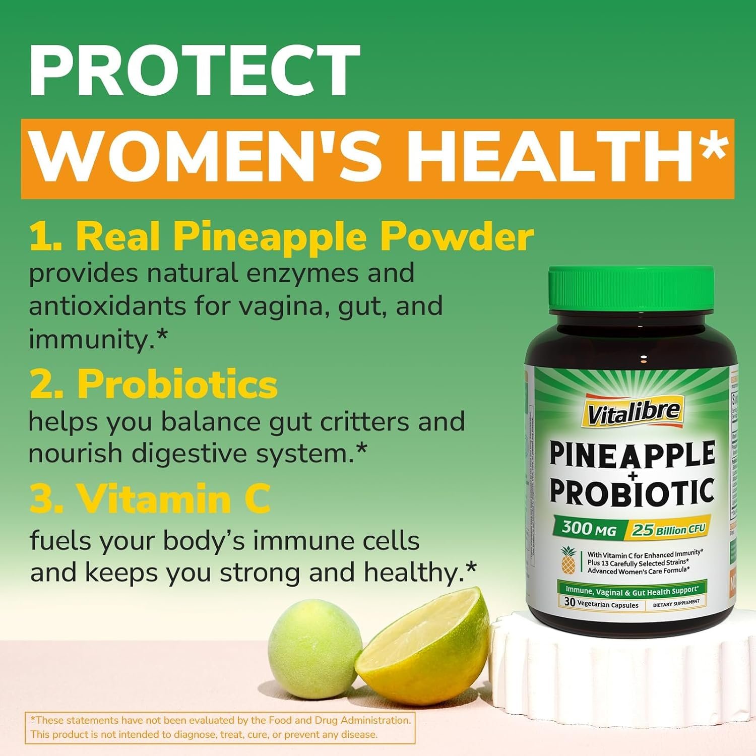 Vitalibre Pineapple + Probiotic, 300 mg, 25 Billion CFUs, 13 Strains, Natural Vitamin C, Powerful Antioxidants, for Immunity, Vaginal, Gut Health, 30 Vegan Capsules, Non GMO - Image 6