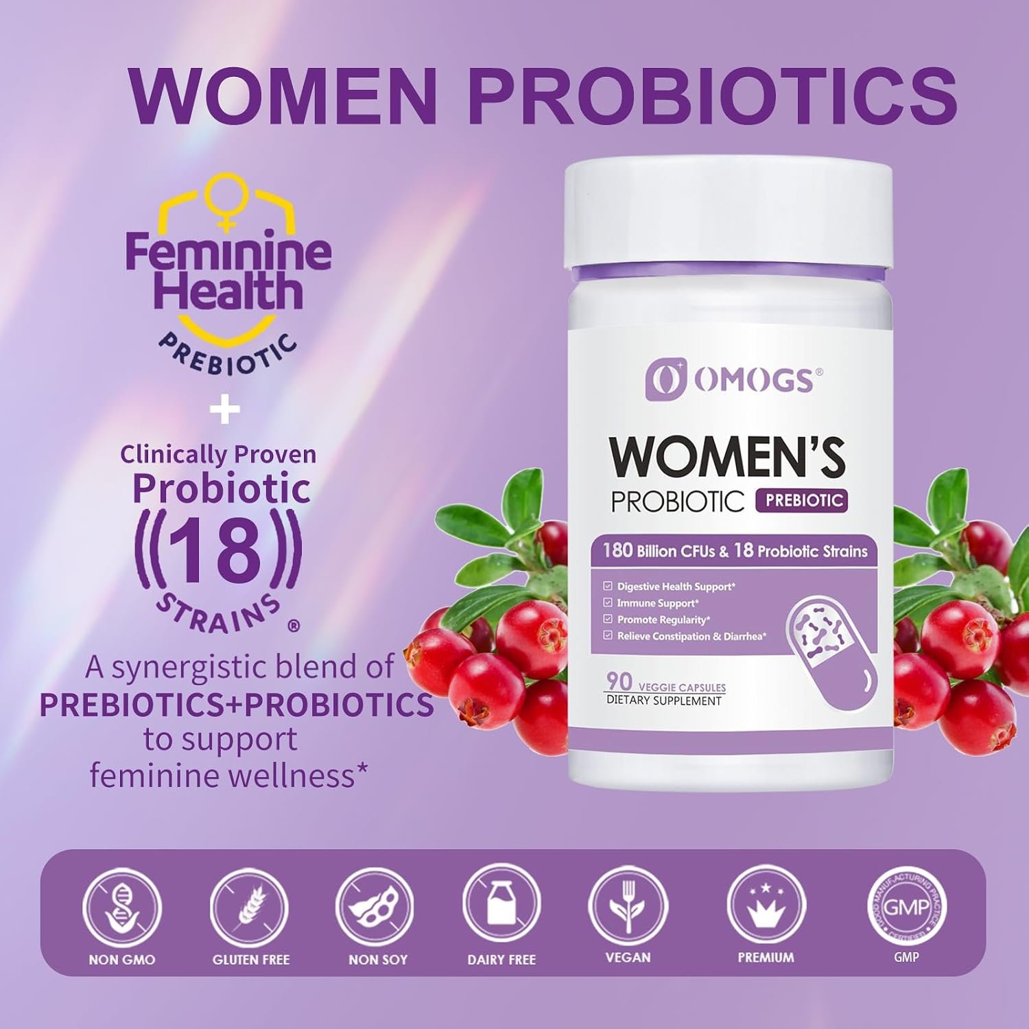 OMOGS Women's Probiotic 180 Billion CFUs 18 Strains, with Organic Prebiotics, Cranberry Extract, D-Mannose & Digestive Enzymes, for Digestive, Boost Immune, PH Balance & Urethral Health, 90 Capsules - Image 5