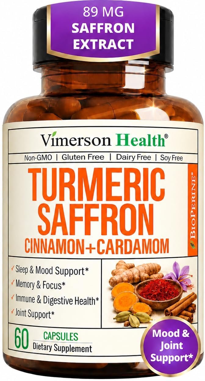 Saffron Supplements with Turmeric Curcumin, Saffron Extract (89mg), Ceylon Cinnamon, and Cardamom for Women and Men – Turmeric Supplement for Daily Inflammation, Mood & Joint Support – 60 Capsules